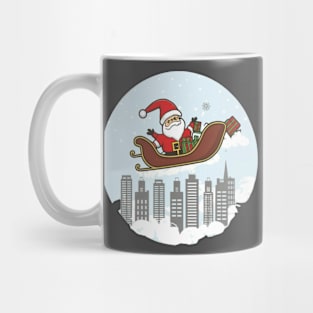 Santa, sleigh, cityscape, reindeer, Christmas, night, moon, holiday, festive, magical Mug